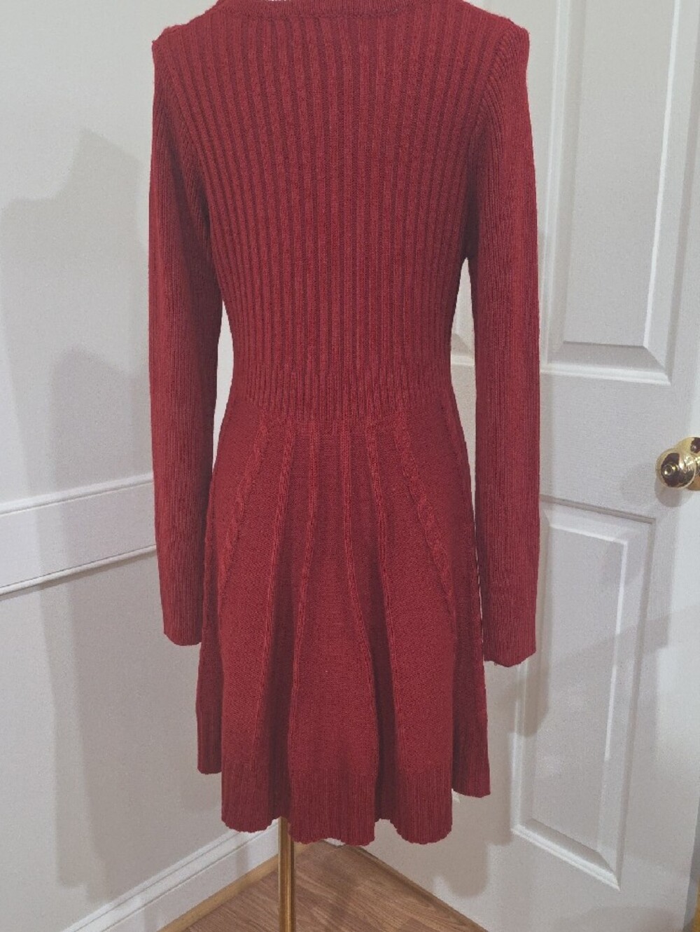 Maisolly Claret Red Cable Knit Fit & Flare Long Sleeve Sweater Dress - Size M - Picture 4 of 8